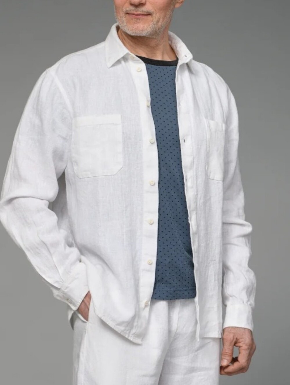 Sauths Men's 100% Linen Collar Button-Down Pocket Shirt White Unisex